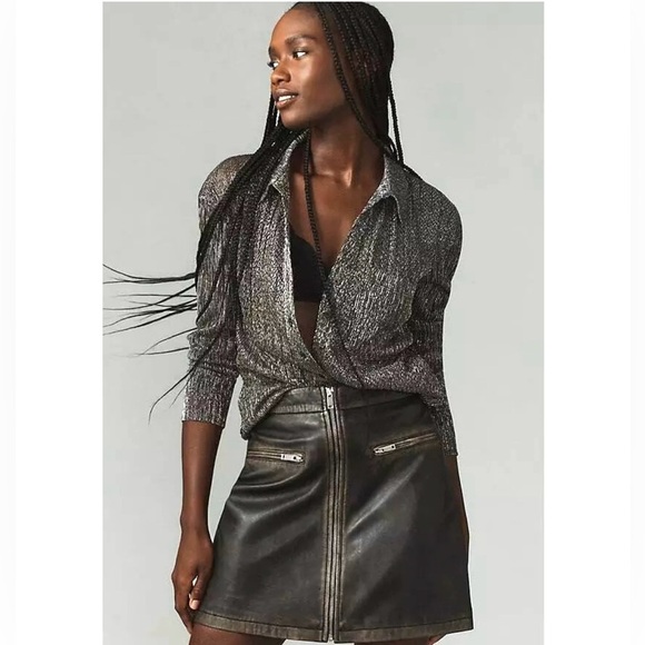 Anthropologie Pilcro Metallic Sheer Button Down Shirt Silver Black Blouse - Picture 1 of 15